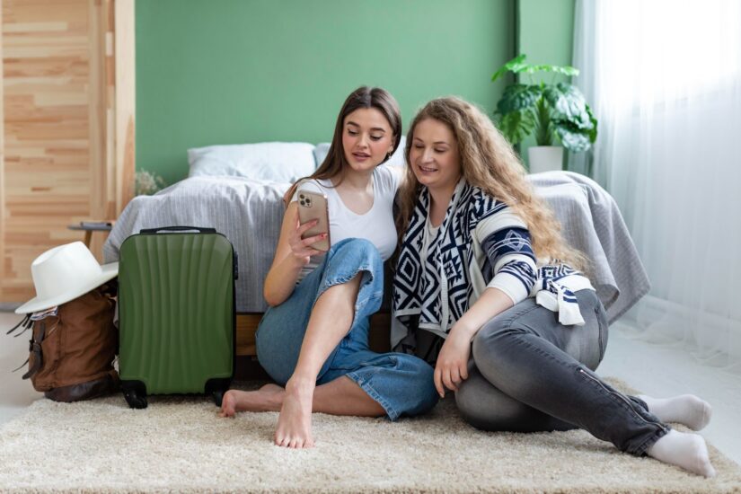 Women sitting on carpet with bags and using phone