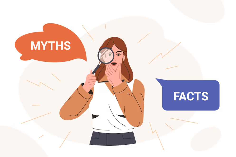 A woman with a magnifying glass appears surprised by "MYTHS" and "FACTS" bubbles
